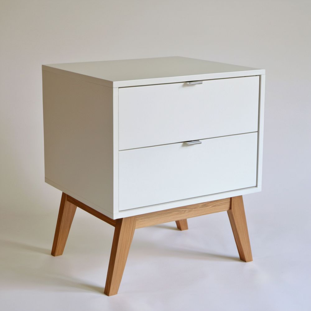 Biała szafka nocna z drewna i płyty MDF, 45 x 35 x 60 cm, 2 szuflady
